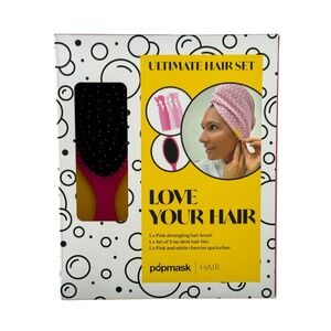 Popmask Ultimate Hair Set Detangling Pink Hair Brush With Hair Ties & Turban new